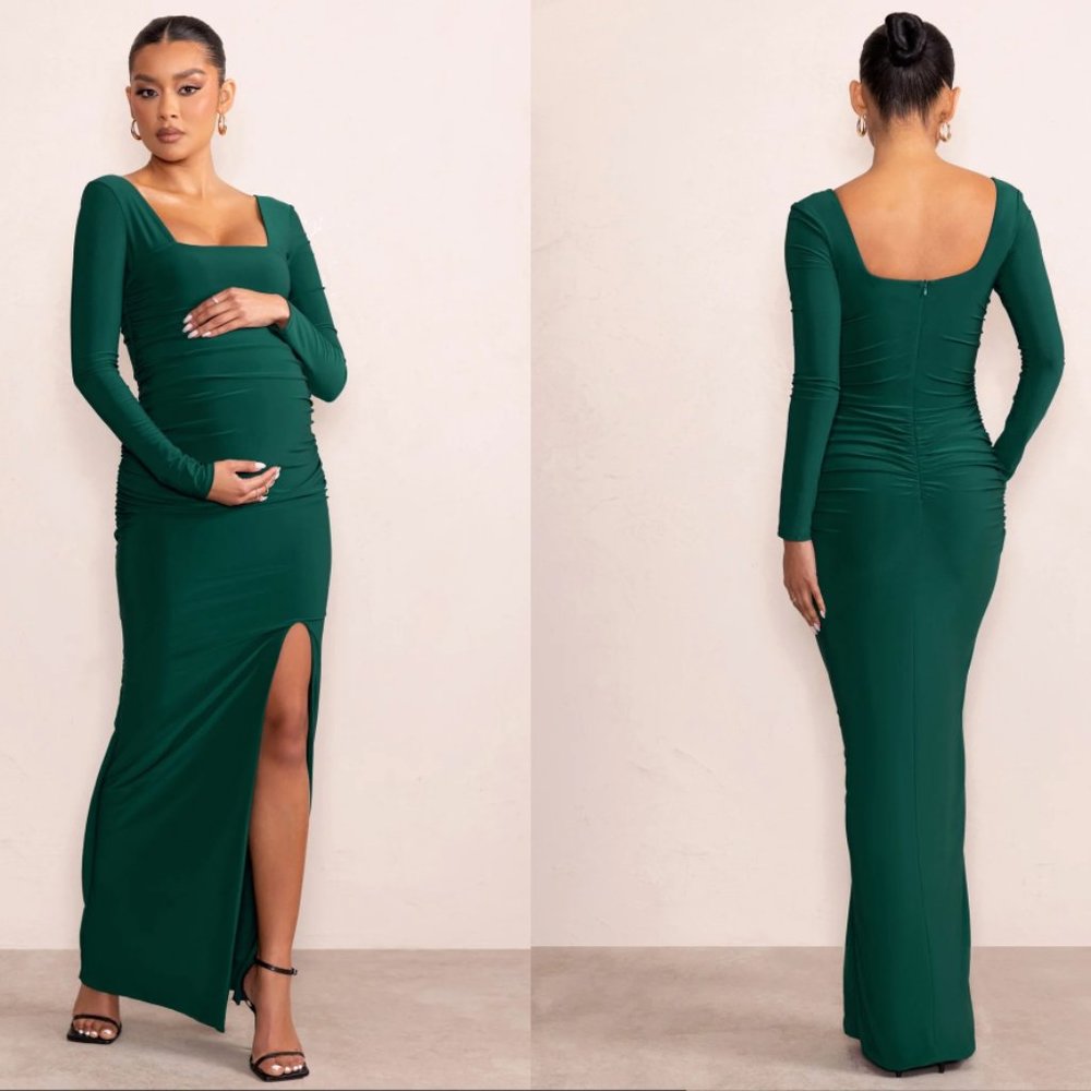 GREEN LONG SLEEVE SQUARE NECK MATERNITY MAXI DRESS - US 4